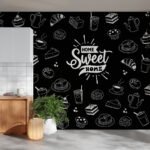 Papier peint – Pâtisseries dessinées sur fond noir