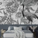 Papier peint – Oiseau et feuillage gravés en noir et blanc