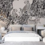 Papier peint – Singes et jungle gravés sur fond beige