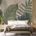 Papier peint – Feuilles tropicales vert olive et bleu sombre