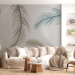 Papier peint – Plumes grises et turquoise sur fond beige
