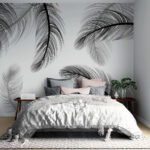 Papier peint – Plumes noires et grises sur fond blanc