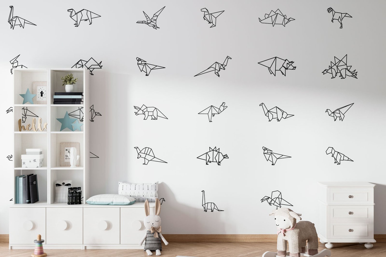 w02374pir1mr.jpg Papier peint – Dinosaures en origami au trait noir – Image 1