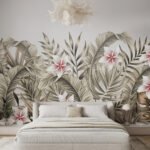 Papier peint – Fleurs roses et feuillage tropical beige