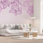 Papier peint – Fleurs mauves au trait sur fond rose