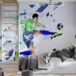 Papier peint – Footballeur sur fond graphique bleu et vert