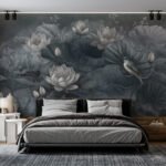 Papier peint – Lotus gris sur fond bleu nuit