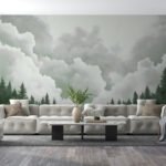 Papier peint – Sapins sous un ciel de nuages verts