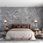 Papier peint – Palmes blanches sur fond gris