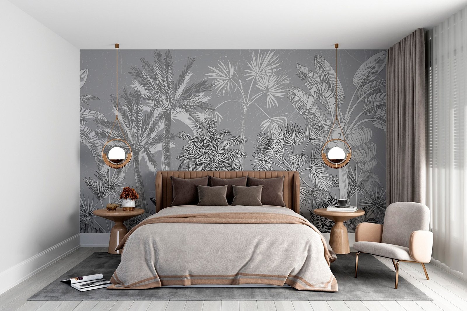 w02418pib87r.jpg Papier peint – Palmes blanches sur fond gris – Image 1
