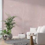 Papier peint – Feuillage blanc au trait sur fond rose – W02422