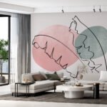 Papier peint – Feuilles au trait noir et cercles pastel