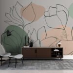 Papier peint – Tulipes au trait et formes vertes et pêche