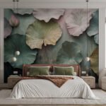 Papier peint – Feuilles pastel sur fond vert sombre