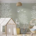 Papier peint – Forêt blanche et oiseaux sur fond vert