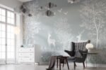 Papier peint – Forêt blanche et oiseaux sur fond gris bleu – Image 2