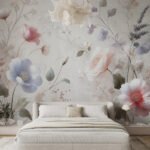 Papier peint – Fleurs champêtres pastel et feuilles légères