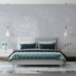 Papier peint – Petites feuilles blanches sur fond bleu pâle