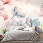 Papier peint – Fleurs pastel bleues et corail