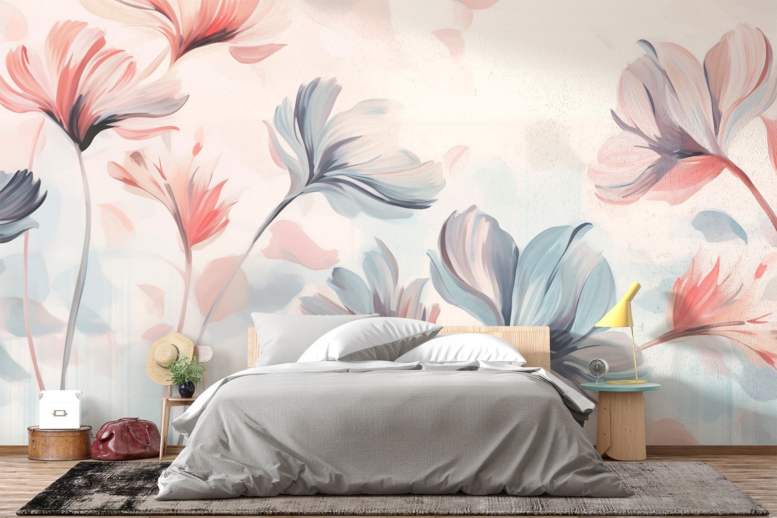 w02457pib76mr.jpg Papier peint – Fleurs pastel bleues et corail – Image 1