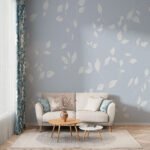 Papier peint – Petites feuilles blanches sur fond bleu gris