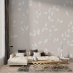 Papier peint – Petites feuilles blanches sur fond taupe