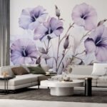 Papier peint – Fleurs mauves sur fond blanc