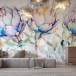 Papier peint – Fleurs multicolores aux contours aquarellés