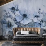Papier peint – Fleurs bleues aux cœurs sombres