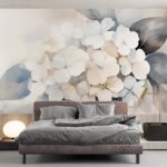 Papier peint – Hortensia blanc et feuilles bleues