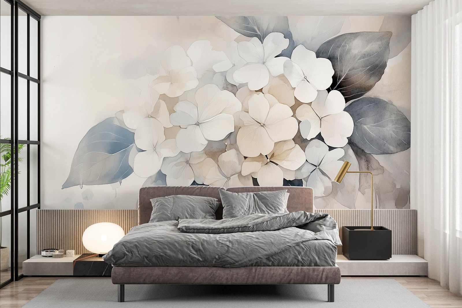 w02491pib18r.jpg Papier peint – Hortensia blanc et feuilles bleues – Image 1