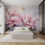 Papier peint – Pivoines roses sur fond bleu doux