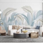 Papier peint – Feuilles blanches et bleues