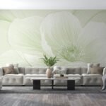 Papier peint – Grande fleur blanche sur fond vert pâle