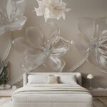 Papier peint – Fleurs crème au trait sur fond taupe