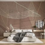 Papier peint – Feuilles transparentes aux nervures dorées sur fond terracotta