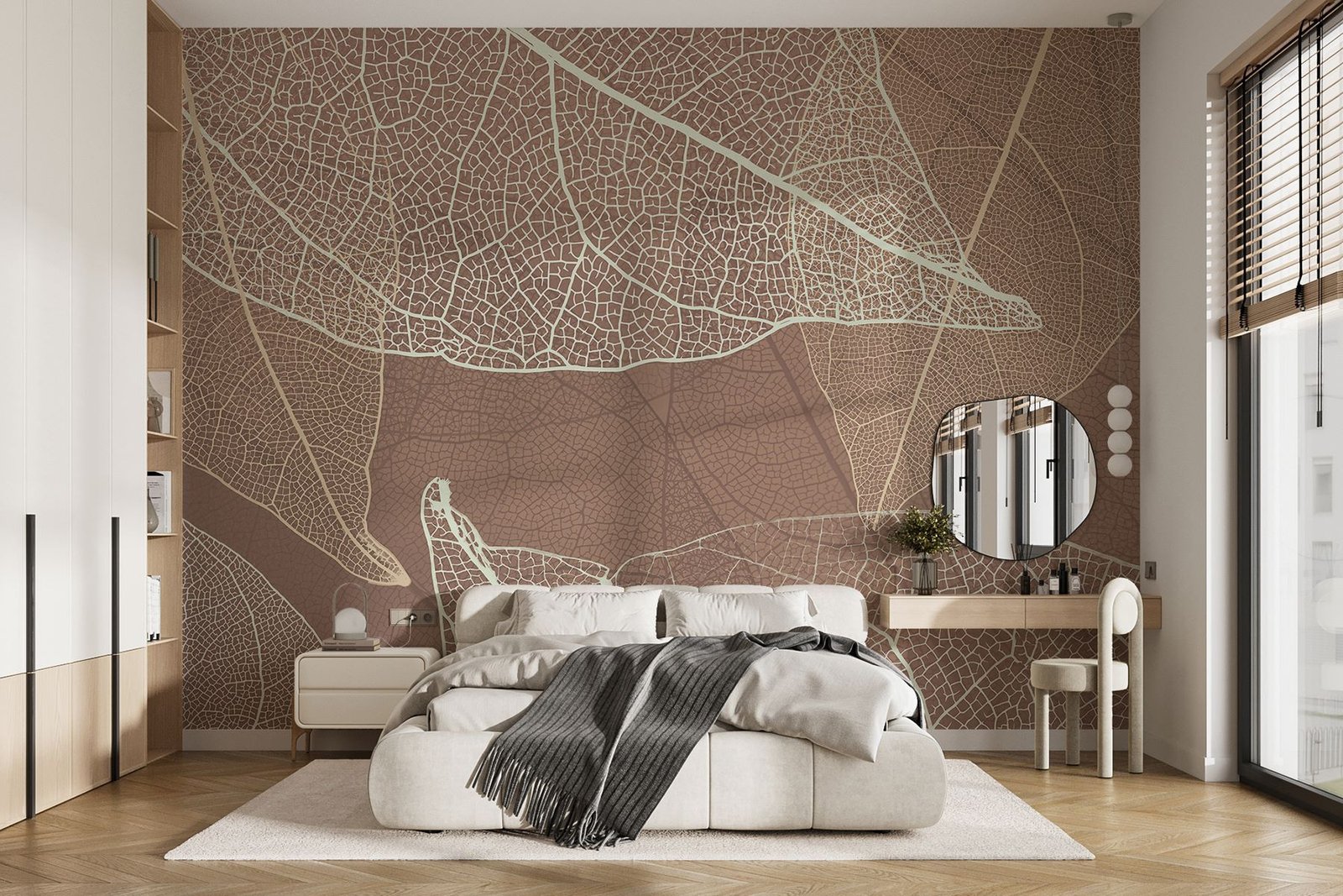 w02520v1pib1r.jpg Papier peint – Feuilles transparentes aux nervures dorées sur fond terracotta – Image 1