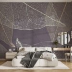 Papier peint – Feuilles transparentes aux nervures dorées sur fond brun