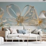 Papier peint – Fleurs transparentes et contours dorés sur fond bleu