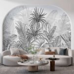 Papier peint – Jungle au trait noir dans un cercle gris