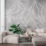 Papier peint – Montagnes au trait blanc sur fond gris