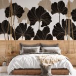 Papier peint – Feuilles de ginkgo noires aux tiges dorées