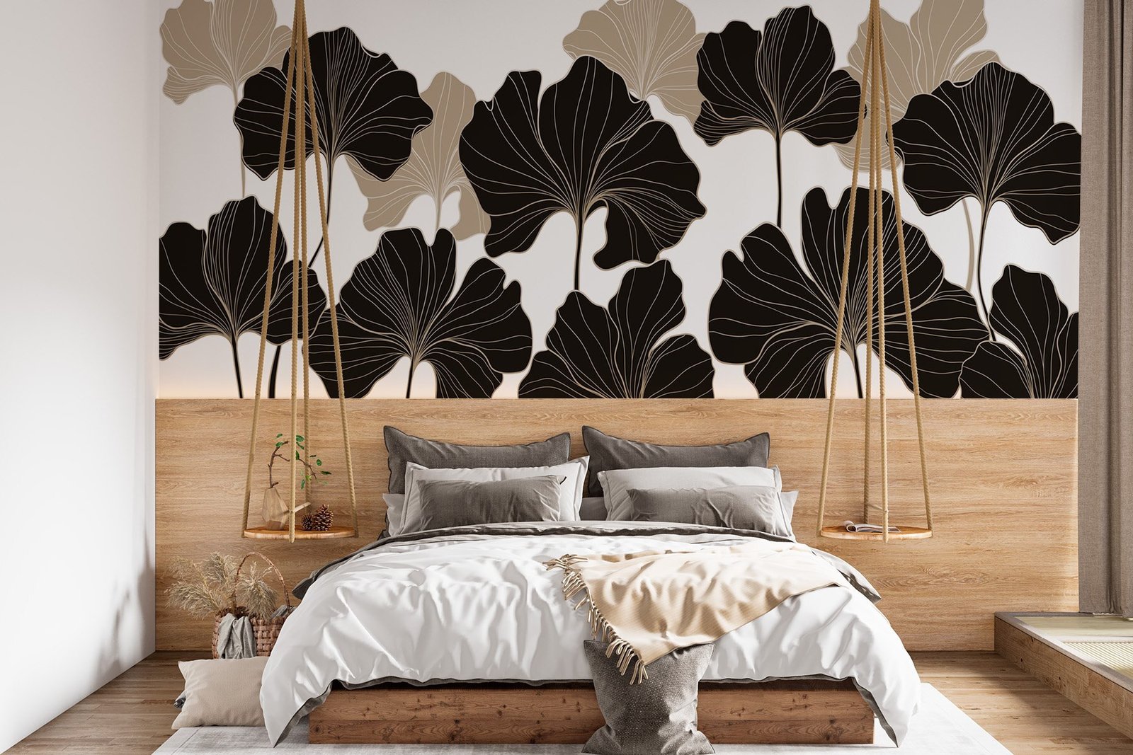 w02525v2pib66mr.jpg Papier peint – Feuilles de ginkgo noires aux tiges dorées – Image 1