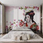 Papier peint – Portrait japonais et branches fleuries