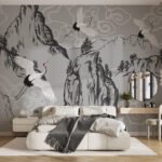 Papier peint – Grues et montagnes au style asiatique