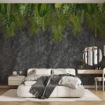 Papier peint – Feuilles vertes en cascade sur fond sombre