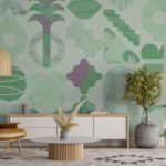 Papier peint – Motifs graphiques verts et mauves