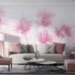 Papier peint – Fleurs roses sur fond blanc