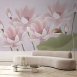 Papier peint – Fleurs roses et feuilles vert tendre