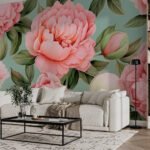 Papier peint – Pivoines corail et feuillage vert